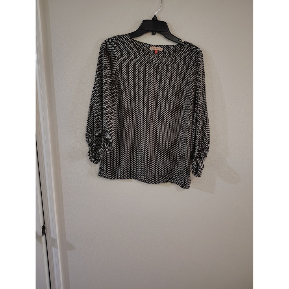 English Laundry Womens Black White Geometric Print Ruched Sleeve Blouse Small